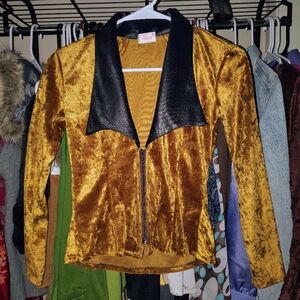 Women's Gold Velvetlike Zip-Front Jacket with Pleather Black Collar